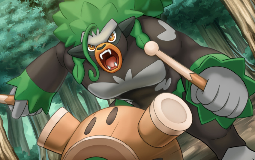 ahoge brown_eyes drum drumsticks fangs forest gen_8_pokemon hakuginnosora instrument looking_at_viewer nature no_humans open_mouth outdoors pokemon pokemon_(creature) pokemon_(game) pokemon_swsh rillaboom shouting solo standing tree