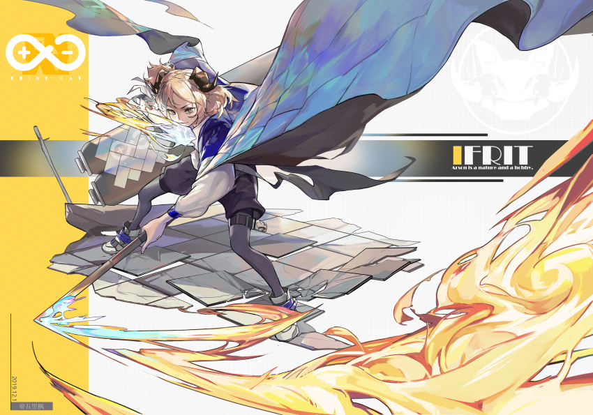 1girl absurdres arknights blonde_hair bokken burnt_clothes crack cracked_floor dated fire grey_legwear highres holding holding_sword holding_weapon huge_filesize ifrit_(arknights) medium_hair parted_lips smile solo standing sword thigh_strap twitter_username weapon white_footwear wooden_sword wulifeng yellow_eyes