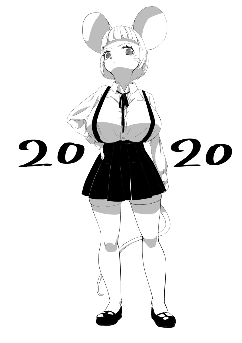2020 animal_ears arm_at_side bangs black_footwear black_ribbon black_skirt blunt_bangs breasts greyscale hand_on_hip highres large_breasts long_sleeves looking_at_viewer megalobilly monochrome mouse_ears mouse_girl mouse_tail original ribbon short_hair skirt suspender_skirt suspenders tail thigh-highs whisker_markings white_hair white_legwear