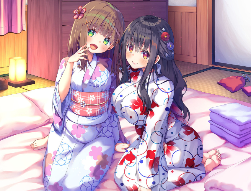 2girls :d animal_print asa_no_ha bad_feet barefoot black_hair blush braid breasts brown_eyes brown_hair fish_print flower futon green_eyes hair_flower hair_ornament highres indoors japanese_clothes kimono lantern large_breasts looking_at_viewer multiple_girls official_art open_mouth original pillow seiza sitting smile towel x_hair_ornament