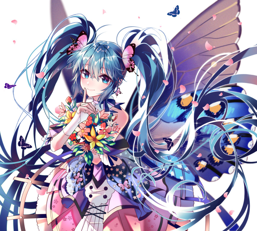 1girl absurdres akira_(ying) blue_eyes blue_hair bug butterfly butterfly_earrings butterfly_hair_ornament butterfly_wings finger_to_mouth flower hair_between_eyes hair_ornament hatsune_miku highres holding holding_flower insect long_hair number_tattoo shoulder_tattoo skirt solo tattoo twintails very_long_hair vocaloid white_background wings