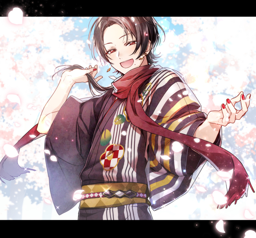 1boy brown_hair cherry_blossoms earrings highres hoshi_akari japanese_clothes jewelry kashuu_kiyomitsu kimono letterboxed male_focus mole mole_under_mouth open_mouth petals ponytail red_eyes red_nails red_scarf scarf smile touken_ranbu yukata