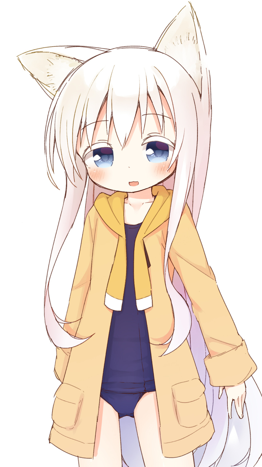 1girl :d animal_ear_fluff animal_ears ayanepuna bangs blue_eyes blue_swimsuit blush brown_jacket collarbone colored_eyelashes dog_ears eyebrows_visible_through_hair hair_between_eyes highres hood hood_down hooded_jacket jacket long_hair long_sleeves looking_at_viewer old_school_swimsuit one-piece_swimsuit open_clothes open_jacket open_mouth original school_swimsuit shio_(ayanepuna) simple_background sleeves_past_wrists smile solo standing swimsuit swimsuit_under_clothes very_long_hair white_background white_hair