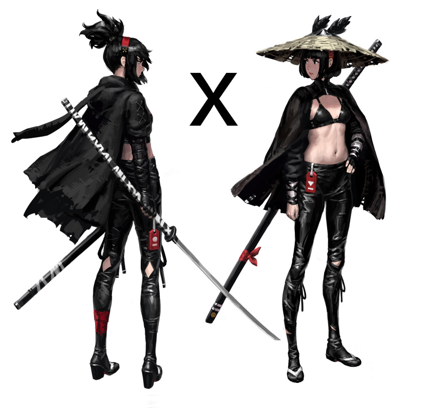 1girl absurdres black_bra black_cape black_eyes black_footwear black_gloves black_hair black_jacket black_pants bra breasts brown_headwear cape elbow_gloves fingerless_gloves gloves guweiz hand_on_hip high_heels high_ponytail highres holding holding_sword holding_weapon jacket katana looking_away looking_to_the_side multiple_views navel original pants ponytail puffy_short_sleeves puffy_sleeves sheath short_sleeves simple_background small_breasts standing sword underwear unsheathed weapon white_background zouri