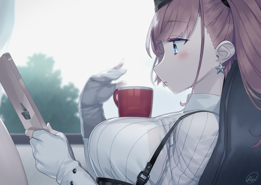 1girl atlanta_(kantai_collection) bangs blew_andwhite blue_eyes blush breasts brown_hair commentary_request cup earrings eyebrows_visible_through_hair from_side gloves hat highres holding jewelry kantai_collection large_breasts long_hair long_sleeves mug object_on_breast partly_fingerless_gloves profile shirt signature single_earring sitting solo star star_earrings twintails upper_body