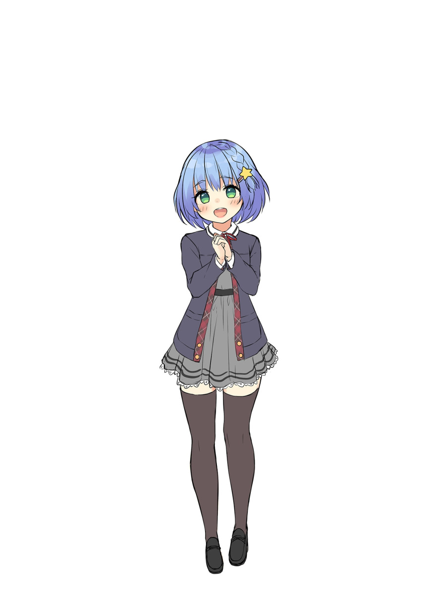 1girl :o asa_no_ha black_footwear blue_hair blush braid flat_color full_body green_eyes grey_skirt hair_ornament hands_together hands_up highres looking_at_viewer short_hair simple_background skirt solo standing star star_hair_ornament thigh-highs white_background