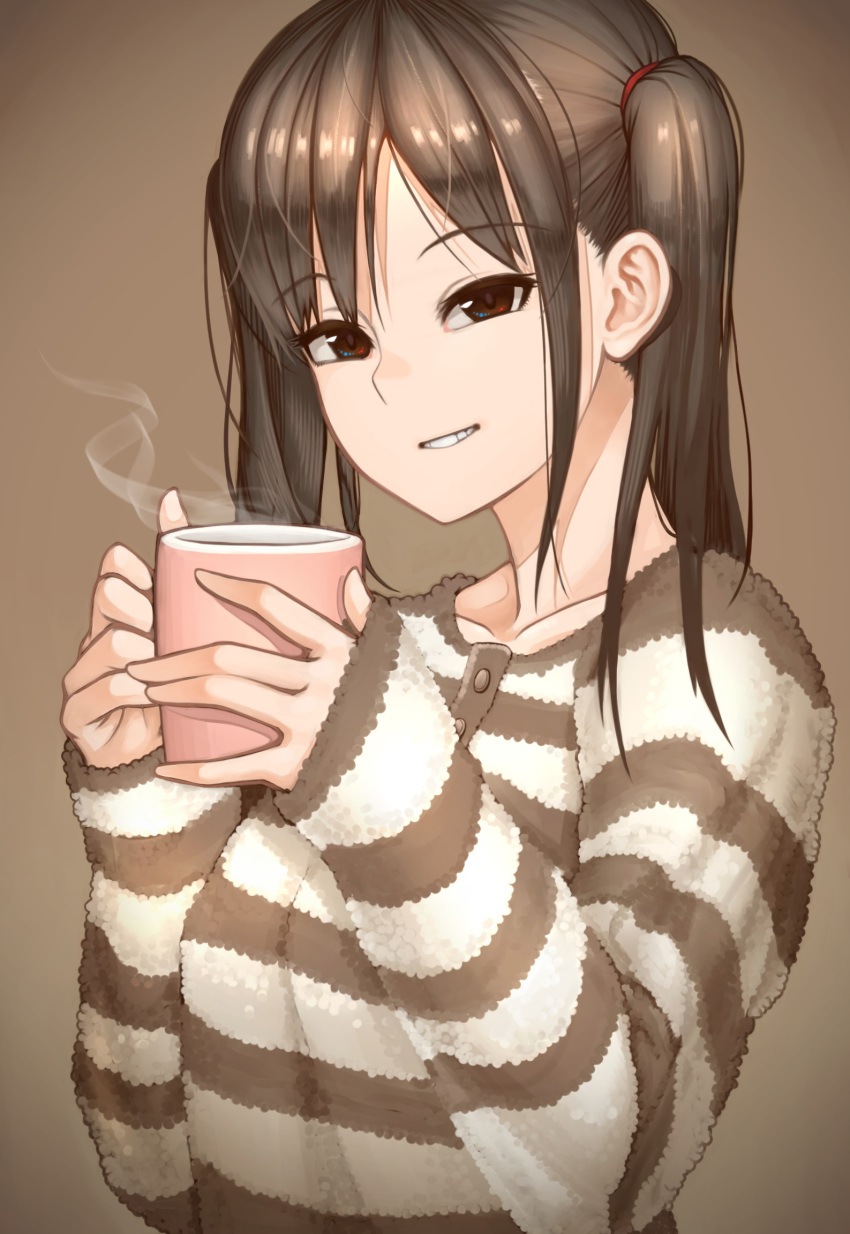 1girl bangs brown_background brown_eyes brown_hair brown_sweater brown_theme eyebrows_visible_through_hair highres holding holding_drink long_hair long_sleeves looking_at_viewer mogtate original parted_lips smile solo steam striped striped_sweater sweater twintails upper_body white_sweater