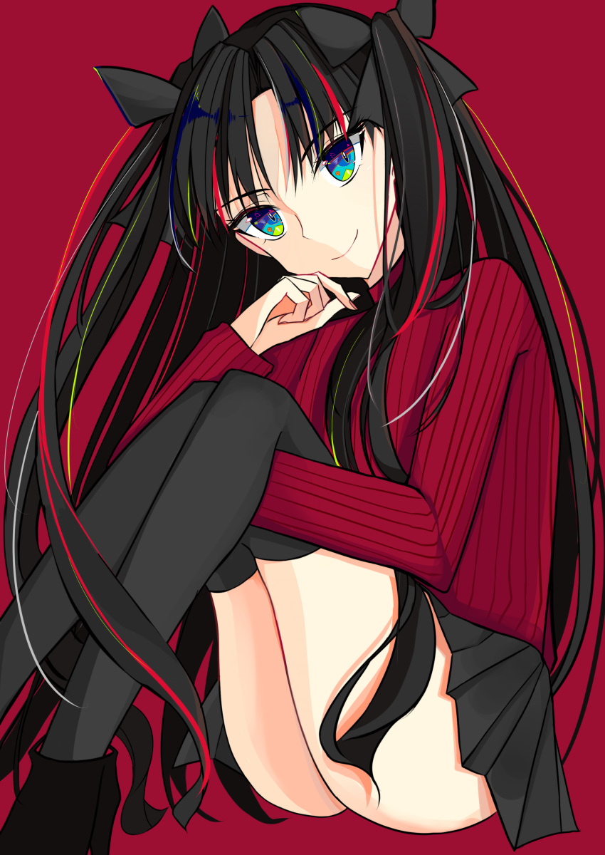 1girl absurdres bangs black_bow black_hair black_legwear black_skirt blue_eyes bow closed_mouth eyebrows_visible_through_hair fate/stay_night fate_(series) hair_between_eyes hair_bow hair_intakes head_tilt highlights highres hisui_kirihana leg_hug long_hair long_sleeves looking_at_viewer miniskirt multicolored_hair nail_polish pink_nails pleated_skirt red_background red_sweater ribbed_sweater simple_background sitting skirt smile solo sweater thigh-highs toosaka_rin turtleneck turtleneck_sweater twintails very_long_hair zettai_ryouiki