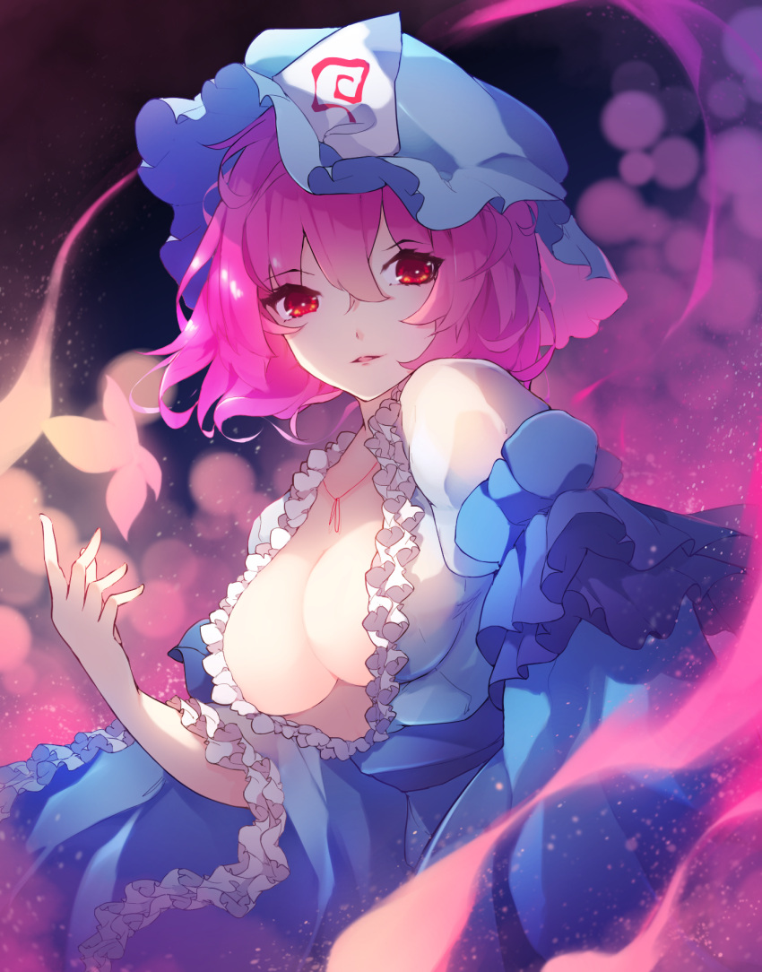 1girl bangs blue_dress blue_headwear breasts chiroru_(cheese-roll) commentary dress eyebrows_visible_through_hair frilled_sleeves frills hair_between_eyes hand_up hat highres large_breasts light_particles long_sleeves looking_at_viewer mob_cap parted_lips pink_hair red_eyes saigyouji_yuyuko short_hair solo touhou triangular_headpiece upper_body wide_sleeves