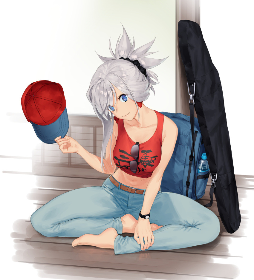 1girl absurdres asymmetrical_hair backpack backpack_removed bag barefoot baseball_cap belt black_scrunchie blue_eyes blue_pants bottle brown_belt casual closed_mouth clothes_writing commentary crop_top denim earrings eyebrows_visible_through_hair eyewear_hang eyewear_removed fate/grand_order fate_(series) hair_ornament hair_scrunchie hat head_tilt headwear_removed highres holding holding_hat ikezawa_shin indoors jeans jewelry looking_at_viewer medium_hair midriff miyamoto_musashi_(fate/grand_order) navel on_floor pants print_shirt red_headwear red_shirt scrunchie shirt short_ponytail silver_hair sitting smile solo sunglasses tank_top watch watch water_bottle weapon_bag wooden_floor
