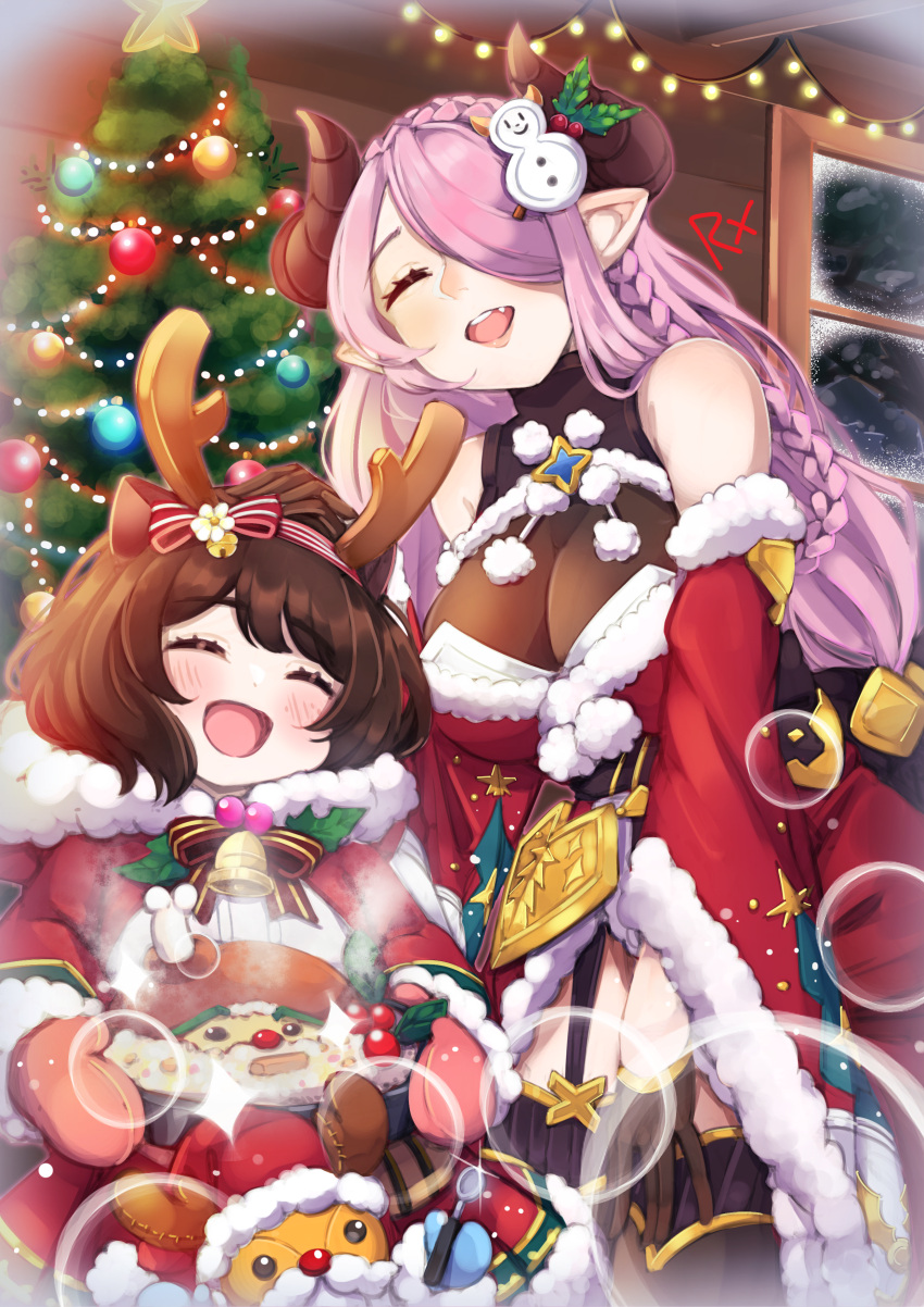 2girls :d absurdres angruoxin bare_shoulders bell blush boned_meat braid breasts brown_hair christmas christmas_lights christmas_tree closed_eyes detached_sleeves draph fake_antlers fang food fur_trim gloves granblue_fantasy hair_ornament hair_over_one_eye highres horns leotard_under_clothes long_hair meat mittens multiple_girls narmaya_(granblue_fantasy) open_mouth pom_pom_(clothes) purple_hair santa_dress short_hair smile very_long_hair window yaia_(granblue_fantasy)
