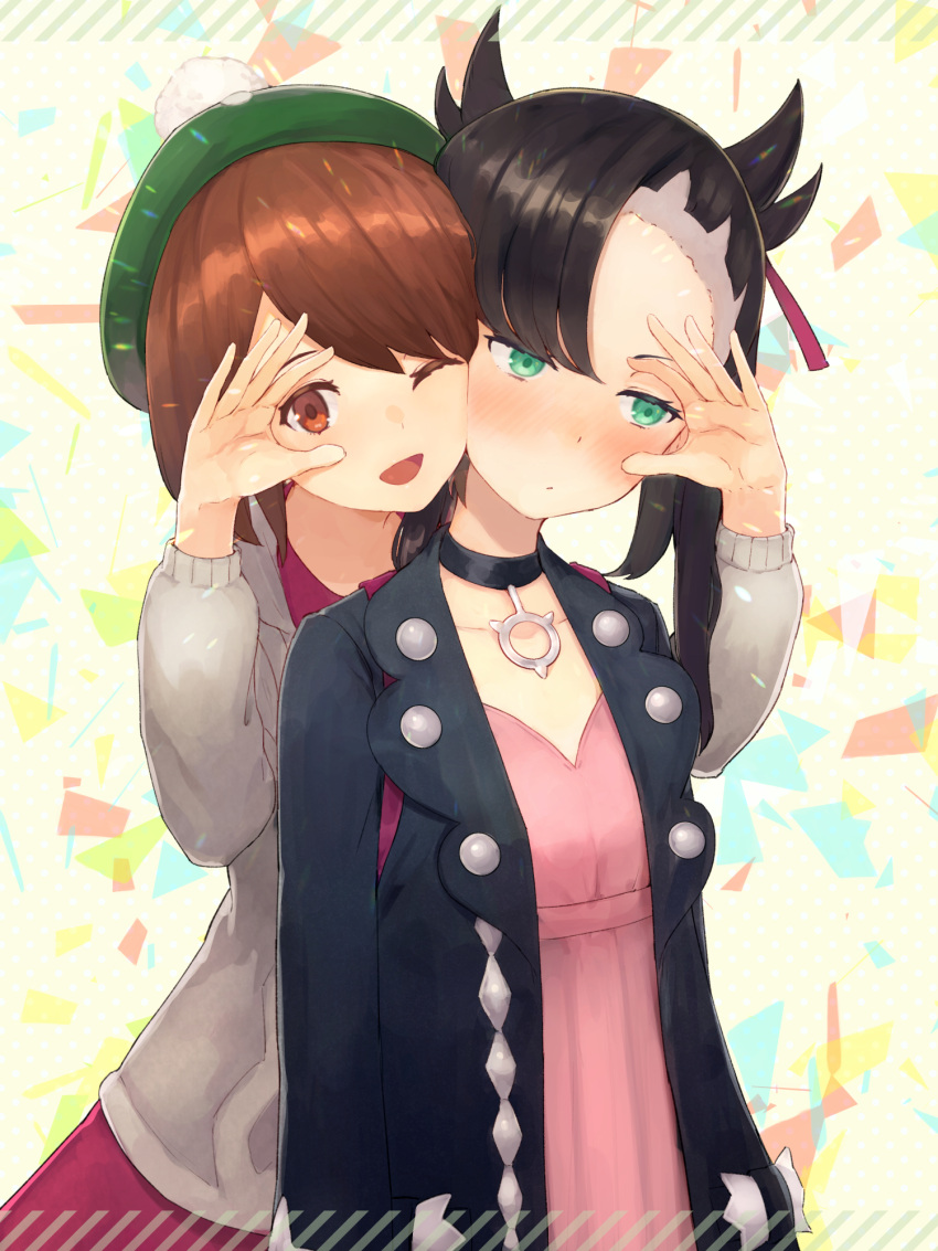 2girls ;d asymmetrical_bangs bangs black_hair black_jacket blush brown_eyes brown_hair cardigan choker collarbone dress green_eyes grey_cardigan hair_ribbon head_tilt highres jacket long_hair long_sleeves looking_at_viewer mary_(pokemon) multiple_girls one_eye_closed open_cardigan open_clothes open_jacket open_mouth pink_dress pokemon pokemon_(game) pokemon_swsh red_ribbon red_shirt ribbon shiny shiny_hair shirt short_hair smile standing swept_bangs toima_(beat0829) yuuri_(pokemon)