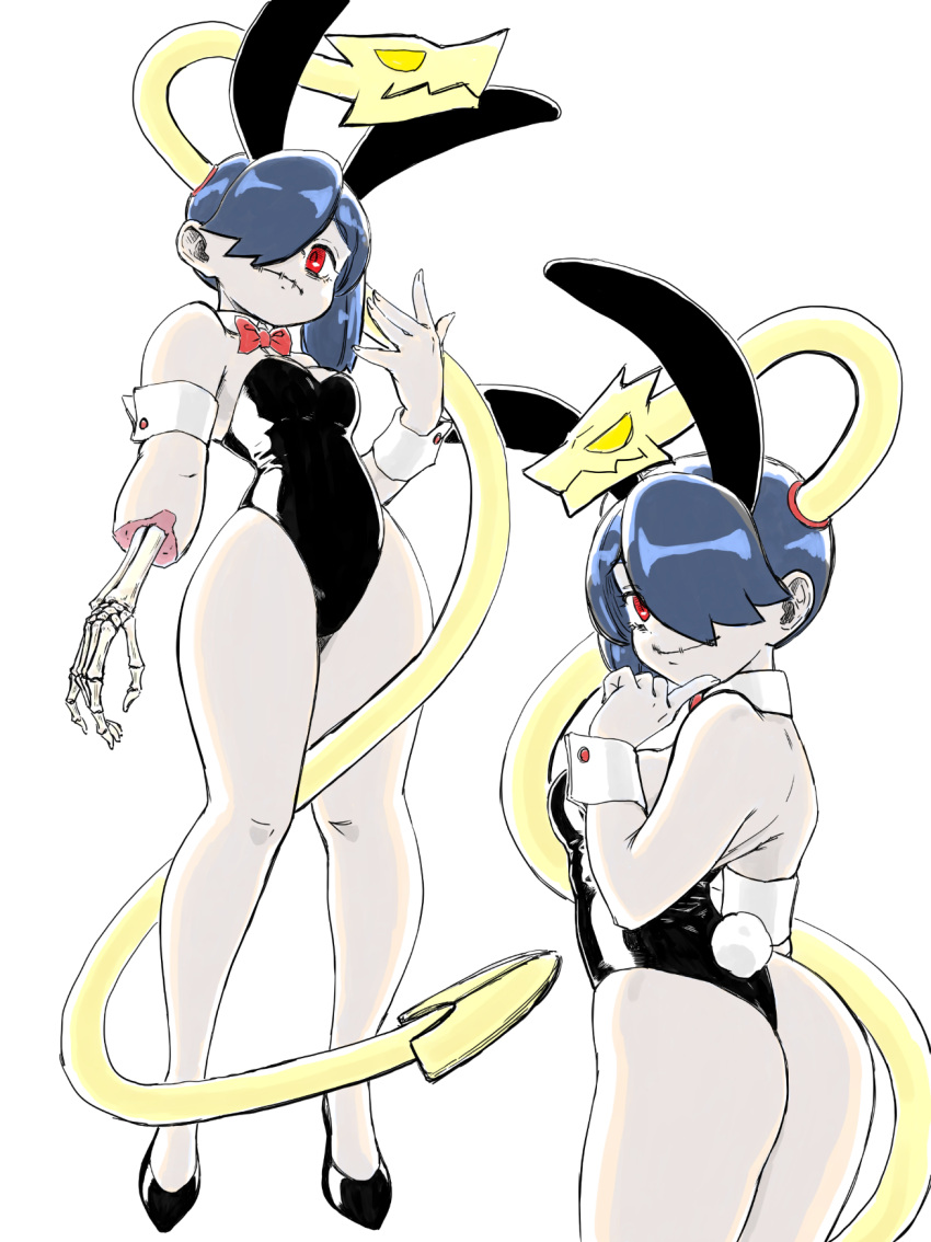 1girl animal_ears asimatosinosin ass bare_legs black_footwear black_leotard bow bowtie bunny_tail cowboy_shot cuffs full_body hair_over_one_eye high_heels highres leotard leviathan_(skullgirls) looking_at_viewer multiple_views rabbit_ears red_eyes red_neckwear skullgirls smile squigly_(skullgirls) stitched_mouth stitches tail zombie