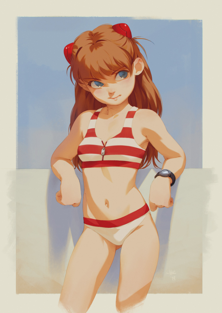 1girl alkemanubis ass_visible_through_thighs bangs bikini blue_eyes breasts brown_hair cropped_legs english_commentary eyebrows_visible_through_hair facing_viewer highres long_hair looking_to_the_side navel neon_genesis_evangelion small_breasts solo souryuu_asuka_langley standing striped striped_bikini swimsuit