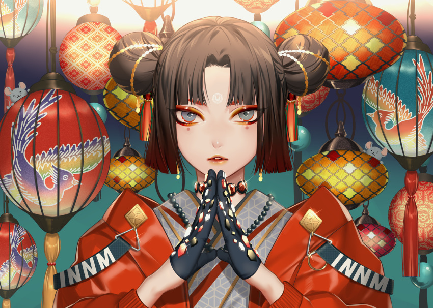 1girl bead_necklace beads black_gloves blue_eyes brown_hair choker double_bun eyeshadow facial_mark gem gloves hair_bun hands_together inanome_me japanese_clothes jewelry kimono lantern lipstick makeup making-of_available medium_hair necklace nengajou new_year original parted_lips solo sparkle tsurime