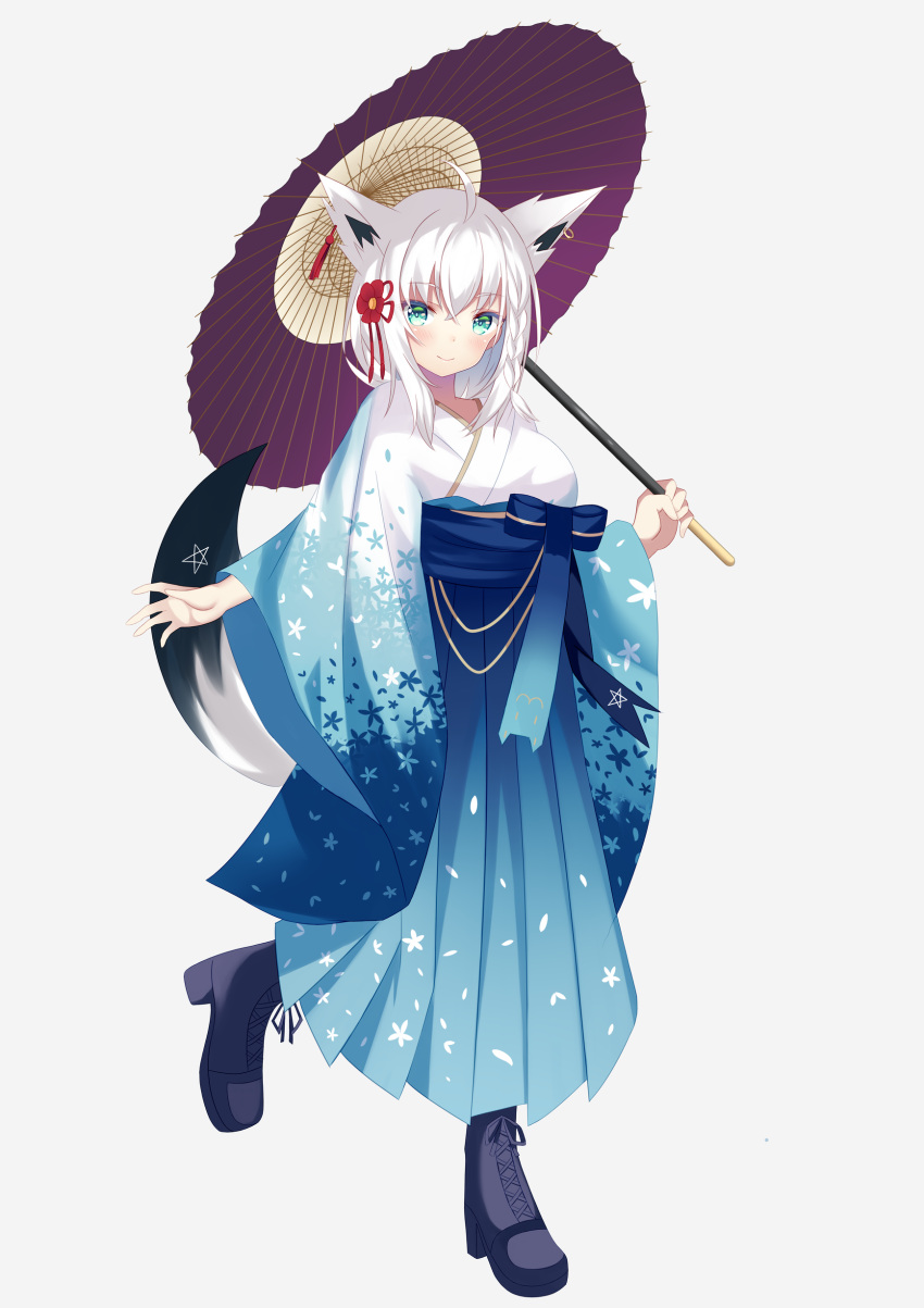 1girl absurdres ahoge animal_ears aqua_eyes bangs blue_footwear boots braid closed_mouth cross-laced_footwear ear_piercing eyebrows_visible_through_hair flower fox_ears fox_tail full_body grey_background hair_flower hair_ornament hakama high_heel_boots high_heels highres holding holding_umbrella hololive japanese_clothes kimono looking_at_viewer meiji_schoolgirl_uniform obi obiage oriental_umbrella piercing sash shirakami_fubuki sidelocks simple_background smile standing standing_on_one_leg tail the_des_alizes umbrella virtual_youtuber white_hair wide_sleeves