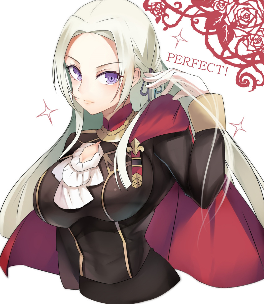 1girl absurdres alternate_breast_size breasts capelet cleavage_cutout cute edelgard_von_hresvelg english_text fire_emblem fire_emblem:_three_houses fire_emblem_16 garreg_mach_monastery_uniform gloves highres intelligent_systems large_breasts looking_at_viewer nintendo red_capelet tagme tea_texiamato upper_body violet_eyes white_gloves white_hair