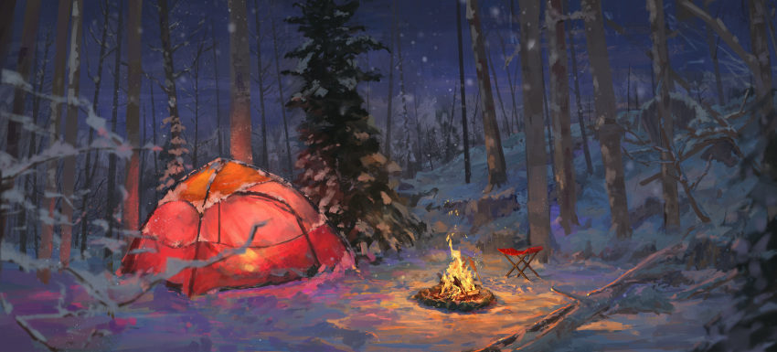 absurdres bare_tree campfire forest highres nature no_humans original outdoors scenery snow snowing tent tree tree_branch xilmo