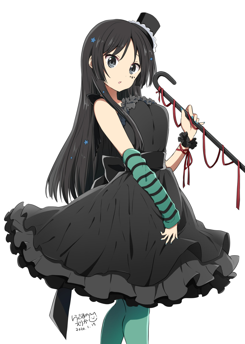 1girl :o akiyama_mio aqua_legwear arm_warmers artist_name bangs black_dress black_headwear blue_nails commentary_request dated dress feet_out_of_frame frilled_dress frills hair_ornament hat highres holding k-on! long_hair looking_at_viewer mini_hat mini_top_hat nail_polish pantyhose parted_lips ragho_no_erika red_ribbon ribbon scrunchie simple_background sleeveless sleeveless_dress solo standing star star_hair_ornament straight_hair top_hat very_long_hair walking_stick white_background wrist_ribbon wrist_scrunchie