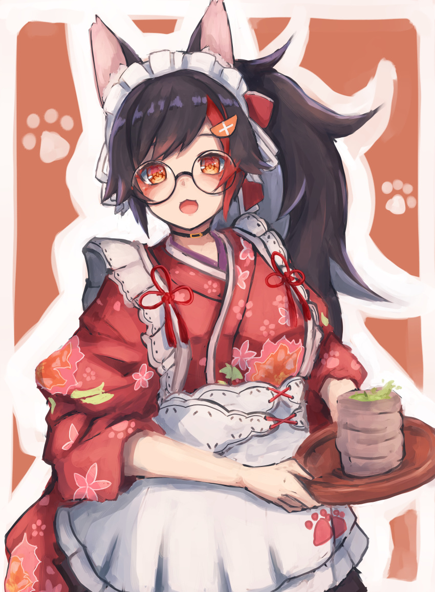 1girl absurdres alternate_costume animal_ear_fluff animal_ears black_hair choker frills glasses hair_ornament hairclip highres hololive huge_filesize inre_kemomimi long_hair long_ponytail looking_at_viewer maid_headdress ookami_mio open_mouth orange_eyes paw_print_pattern round_eyewear solo virtual_youtuber wolf_ears wolf_girl