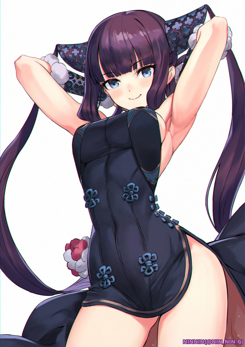 1girl absurdres armpits arms_behind_head arms_up artist_name bangs blue_eyes blush closed_mouth commentary_request dress fate/grand_order fate_(series) fur_trim hair_ornament highres lips long_hair looking_at_viewer looking_down ninnin_(shishitou) purple_hair shiny shiny_hair short_dress sidelocks simple_background smile solo thighs tied_hair twintails white_background yang_guifei_(fate/grand_order)