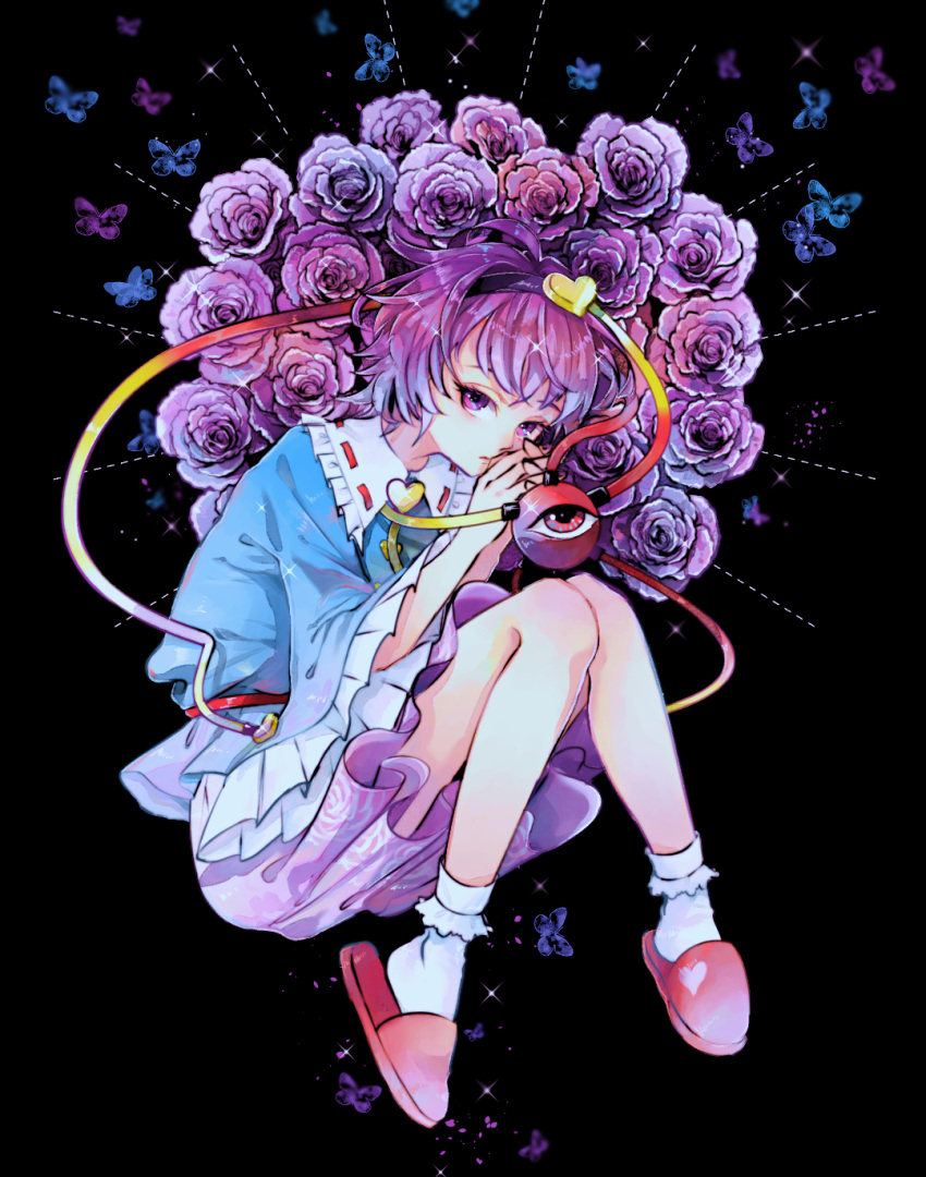 1girl alternate_footwear black_background blouse blue_blouse bobby_socks bug butterfly closed_mouth commentary expressionless eyeball floral_print flower flower_request frilled_shirt_collar frilled_sleeves frills full_body gradient gradient_hair hairband hands_together hands_up highres insect interlocked_fingers komeiji_satori long_sleeves looking_at_viewer looking_to_the_side multicolored_hair peony_(flower) pink_footwear pink_hair pink_skirt print_skirt purple_flower purple_hair purple_hairband ribbon-trimmed_collar ribbon_trim ringocha rose_print short_hair skirt slippers socks solo sparks third_eye touhou violet_eyes white_legwear wide_sleeves