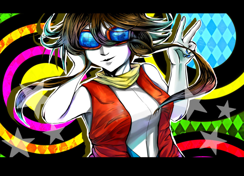 1girl abstract_background azumikano blue_nails brown_hair commentary_request facing_viewer fingernails hair_between_eyes hand_in_hair highres letterboxed long_hair medium_hair minami_(pokemon) multicolored multicolored_background pokemon pokemon_(game) pokemon_ranger pokemon_ranger_3 sleeveless solo star sunglasses v white_skin