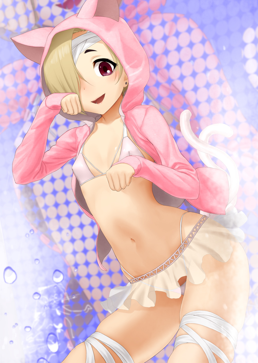 1girl absurdres animal_ears bandaged_leg bandages blonde_hair blush breasts brown_eyes cat_ears cat_tail commentary_request ear_piercing earrings fake_animal_ears gishu hair_over_one_eye highres hood hoodie idolmaster idolmaster_cinderella_girls jacket jewelry long_sleeves looking_at_viewer navel open_mouth piercing pink_eyes pink_jacket red_eyes shirasaka_koume short_hair sleeves_past_wrists small_breasts smile solo swimsuit tail thong twintails