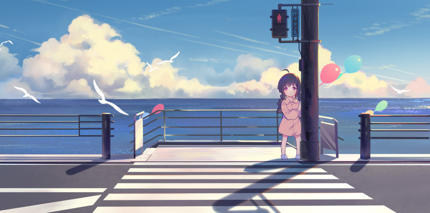 1girl ahoge animal balloon bird black_hair blue_footwear blue_sky blush braid brown_dress child closed_mouth clouds collared_dress commentary_request crosswalk day dress horizon leilin long_hair long_sleeves looking_at_viewer low_twintails ocean original outdoors pedestrian_lights railing red_eyes road sky solo standing twin_braids twintails water