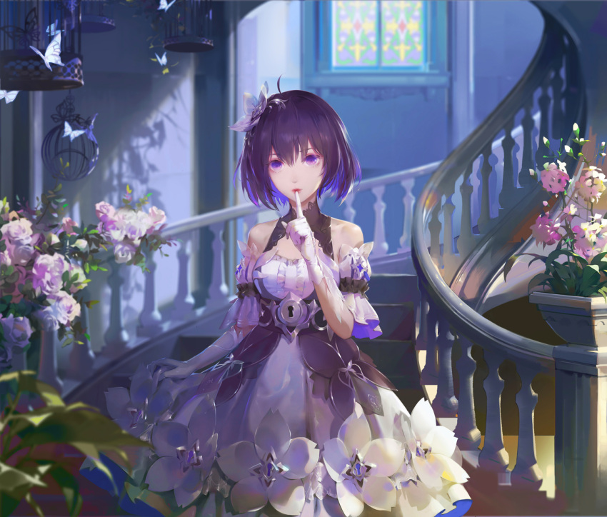 1girl a-m-one asymmetrical_gloves bare_shoulders black_dress black_hair blue_eyes blue_hair blurry cage commentary_request depth_of_field detached_sleeves dress elbow_gloves finger_to_mouth flower gloves hair_between_eyes hair_flower hair_ornament highres honkai_(series) honkai_impact_3rd index_finger_raised indoors keyhole looking_at_viewer multicolored_hair seele_vollerei seele_vollerei_(stygian_nymph) shushing single_elbow_glove skirt_hold sleeveless sleeveless_dress solo stairs two-tone_dress two-tone_hair violet_eyes white_butterfly white_dress white_flower white_gloves window