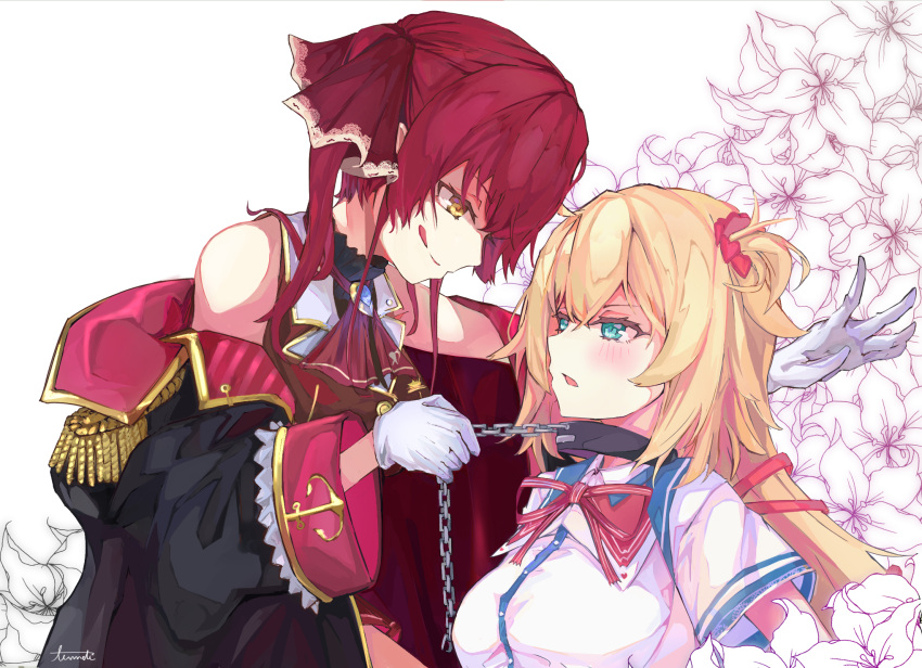 2girls akai_haato aqua_eyes ascot bangs bare_shoulders blonde_hair blush brooch chain chained collar collared_shirt commentary_request epaulettes flower gloves hair_ornament hair_ribbon hair_scrunchie highres holding_chain hololive houshou_marine jacket jewelry licking_lips lily_(flower) long_sleeves looking_at_another multiple_girls neck_ribbon off_shoulder open_mouth red_neckwear red_ribbon redhead ribbon scrunchie shirt short_sleeves tongue tongue_out tsumeki virtual_youtuber white_flower white_gloves white_shirt yellow_eyes yuri