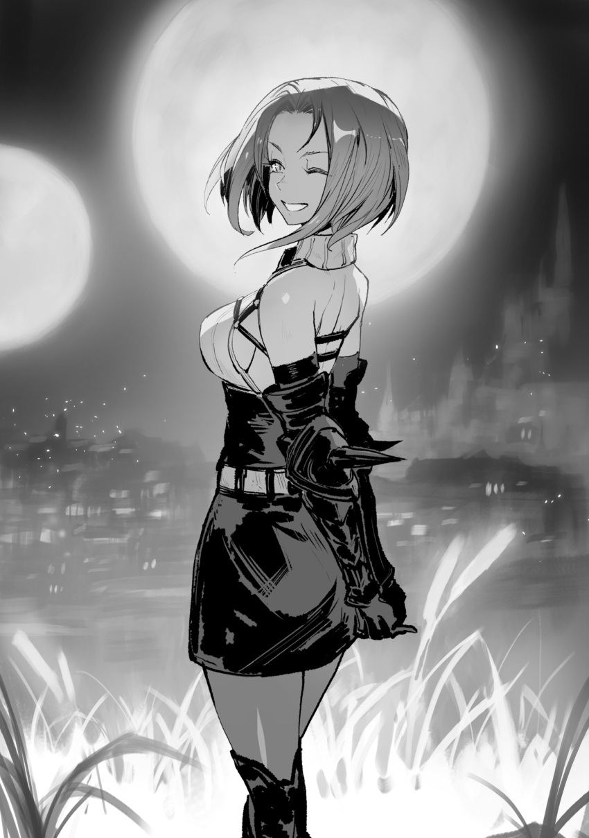 1girl artist_request blurry blurry_background boots breasts character_request detached_sleeves floating_hair from_behind full_moon gloves goblin_slayer! greyscale highres interlocked_fingers long_sleeves looking_back medium_breasts medium_hair miniskirt monochrome moon novel_illustration official_art pantyhose pencil_skirt shiny shiny_hair sideboob skirt solo standing thigh-highs thigh_boots