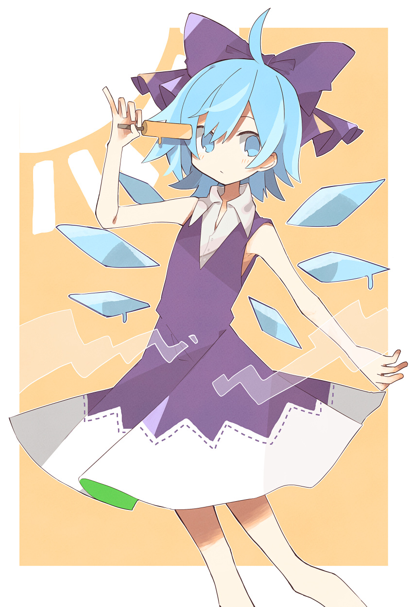 1girl absurdres ahoge blue_eyes blue_hair blush bow cirno detached_wings dress dripping feet_out_of_frame food hair_bow hand_up highres holding holding_food ice ice_wings looking_at_viewer mamimu_(ko_cha_22) popsicle purple_bow purple_dress short_hair sleeveless sleeveless_dress solo standing sun touhou wings yellow_background