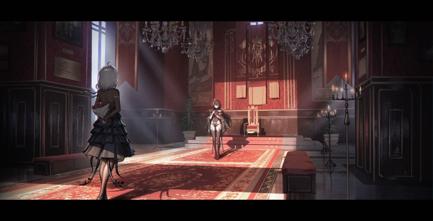 2girls ahoge banner black_dress black_hair black_legwear bouquet candle candlestand carpet chandelier chinese_commentary commentary_request dress flower from_behind garter_straps indoors leotard letterboxed light_rays long_hair multiple_girls original pantyhose scenery short_hair standing thigh-highs throne throne_room white_hair wide_shot yurichtofen