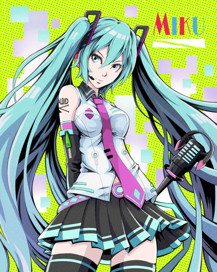 1girl aqua_eyes aqua_hair arms_behind_back belt belt_buckle black_legwear black_skirt breasts buckle detached_sleeves green_background hair_between_eyes hatsune_miku headset highres impossible_clothes impossible_shirt long_hair loose_belt medium_breasts microphone microphone_stand necktie pink_neckwear pleated_skirt polka_dot shirt shoulder_tattoo skirt solo tattoo thigh-highs to-ru twintails very_long_hair vocaloid wireless zettai_ryouiki