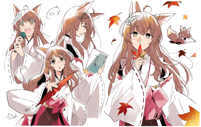 1girl @_@ ahoge animal_ears blush book brown_hair butterfly_hair_ornament chibi closed_mouth covering_mouth detached_sleeves fox_ears fox_girl fox_tail fumi_(nijisanji) hair_between_eyes hair_ornament hirai_yuzuki holding holding_book holding_leaf holding_microphone japanese_clothes leaf long_hair long_sleeves looking_at_viewer maple_leaf microphone multiple_views music nijisanji open_mouth simple_background singing tail upper_body virtual_youtuber white_background wide_sleeves yellow_eyes