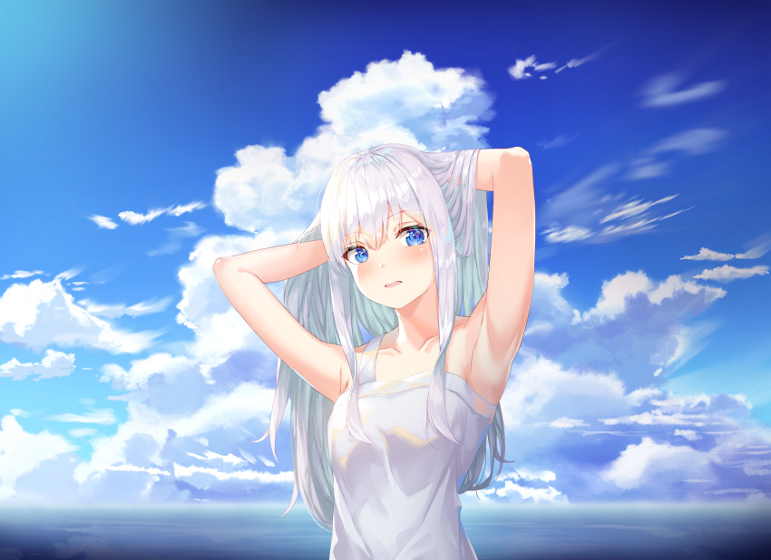 1girl absurdres armpits bangs blue_eyes blue_sky blush breasts clouds cloudy_sky collarbone commentary_request grey_hair hands_in_hair highres kokose long_hair looking_at_viewer original shirt silver_hair sky small_breasts solo white_shirt