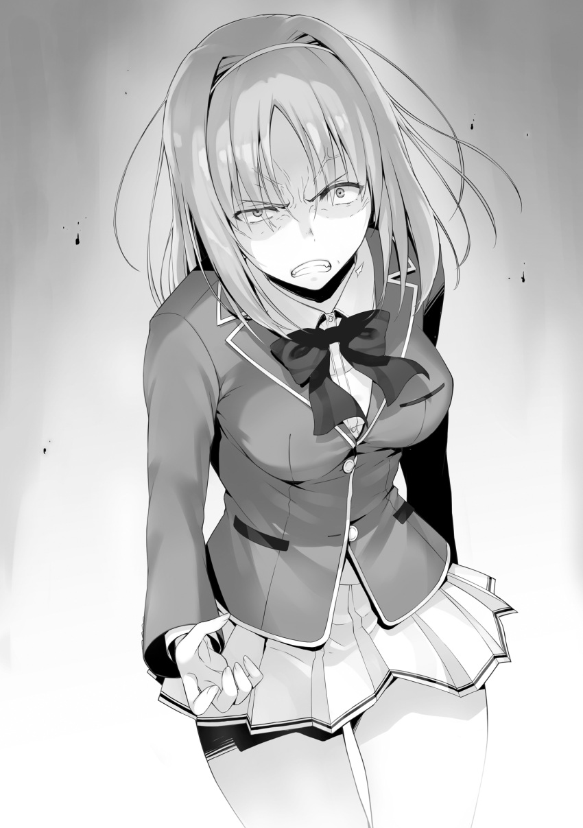 1girl angry blazer bow bowtie clenched_teeth collared_shirt cowboy_shot dress_shirt floating_hair grey_background greyscale hair_intakes hairband highres jacket kushida_kikyou long_hair long_sleeves looking_at_viewer miniskirt monochrome novel_illustration official_art pleated_skirt school_uniform shirt simple_background skirt solo standing teeth thigh_gap tomose_shunsaku white_background wing_collar youkoso_jitsuryoku_shijou_shugi_no_kyoushitsu_e