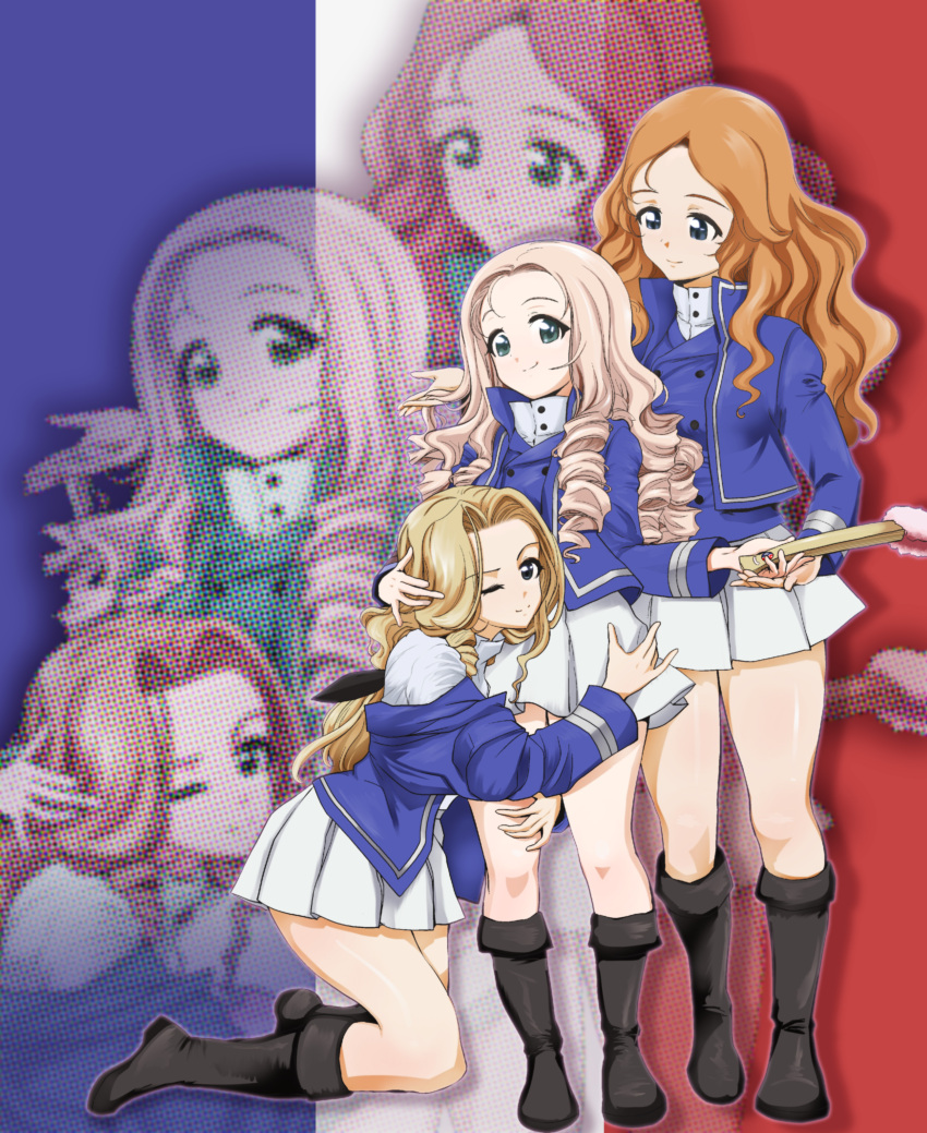 3girls absurdres bangs bc_freedom_military_uniform black_footwear black_ribbon blonde_hair blue_eyes blue_jacket blue_vest boots closed_mouth commentary dress_shirt drill_hair fan flag_background folding_fan french_flag girls_und_panzer green_eyes hair_ribbon halftone hand_on_another's_head hat high_collar highres holding holding_fan hug isabe_(girls_und_panzer) jacket knee_boots kneeling leg_grab long_hair long_sleeves looking_at_another low-tied_long_hair marie_(girls_und_panzer) military military_uniform miniskirt multiple_girls off_shoulder one_eye_closed orange_hair pleated_skirt ribbon shirt skirt smile sofue_(girls_und_panzer) standing uniform vest wavy_hair white_shirt white_skirt yoyokkun zoom_layer