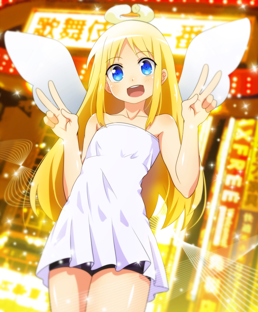 angel_wings bare_shoulders blonde_hair blue_eyes blush breasts broken_halo crimvael halo highres ishuzoku_reviewers looking_at_viewer open_mouth smile solo tom_(drpow) wings