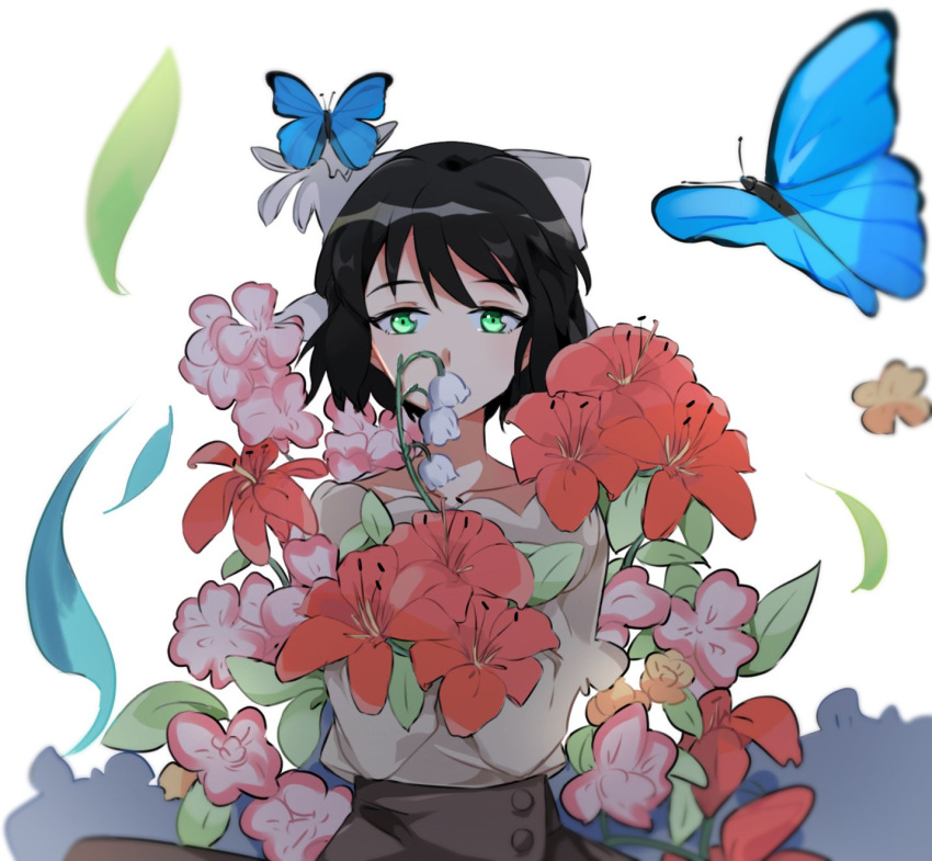 1girl black_hair bow bug butterfly flower green_eyes hair_bow hidden_mouth highres insect kohinata_miku petals senki_zesshou_symphogear skirt sweater