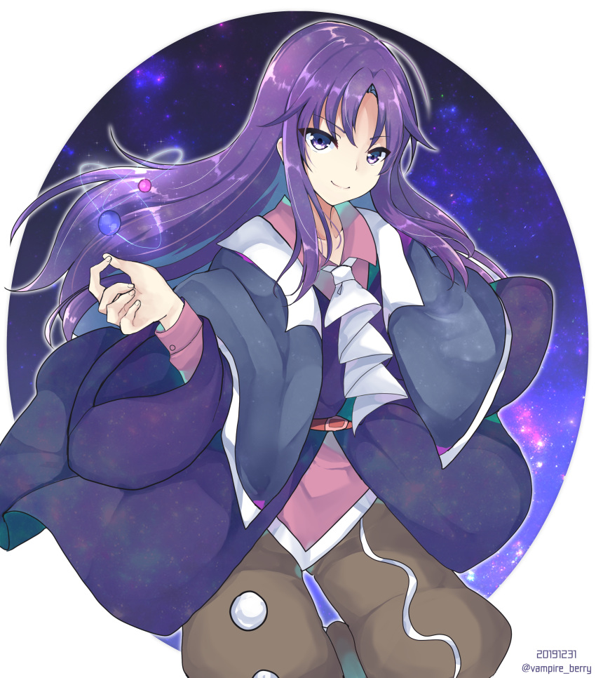 1other absurdres androgynous belt capelet clause coat highres len'en long_hair long_sleeves looking_at_viewer necktie ougi_hina purple_hair smile solo violet_eyes