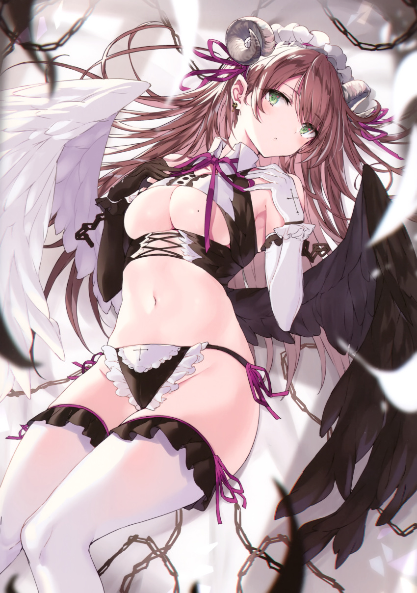 1girl absurdres angel_wings asymmetrical_wings bangs bare_shoulders black_gloves black_panties black_wings blurry blush breasts chain crop_top curled_horns earrings elbow_gloves eyebrows_visible_through_hair feathered_wings feet_out_of_frame frilled_gloves frilled_panties frills gloves green_eyes groin hair_spread_out hands_up highres jewelry long_hair looking_at_viewer lying maid_headdress medium_breasts mismatched_gloves mole mole_on_breast nanananana neck_ribbon on_back original panties parted_lips pink_ribbon ribbon scan side-tie_panties sleeveless solo stomach swept_bangs thigh-highs under_boob underboob_cutout underwear very_long_hair white_gloves white_legwear wing_collar wings