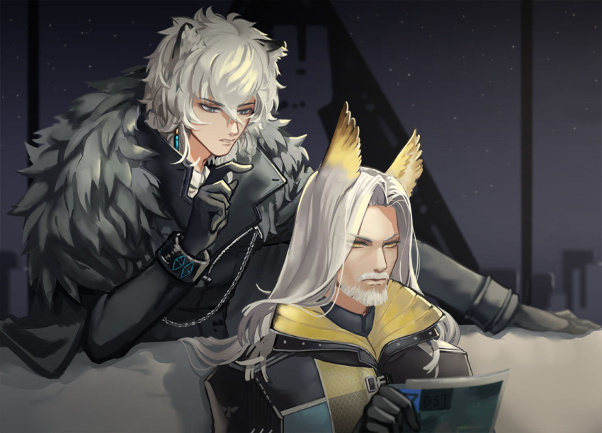 2boys animal_ear_fluff animal_ears arknights beard black_gloves closed_mouth couch earrings facial_hair fur_trim gloves grey_eyes hellagur indoors jacket jewelry long_hair long_sleeves male_focus multiple_boys mustache silver_hair silverash_(arknights) sitting standing yellow_eyes yktori