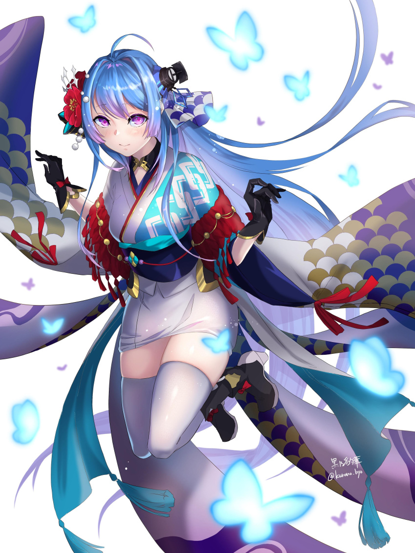 1girl absurdres ahoge azur_lane bangs black_gloves blue_hair blush breasts closed_mouth eyebrows_visible_through_hair floating_hair flower full_body gloves hair_flower hair_ornament helena_(azur_lane) helena_(the_blue_bird's_new_year)_(azur_lane) highres japanese_clothes kimono kurono_hyouka long_hair long_sleeves looking_at_viewer medium_breasts obi red_flower sash short_kimono signature simple_background smile solo thigh-highs twitter_username very_long_hair violet_eyes white_background white_legwear wide_sleeves