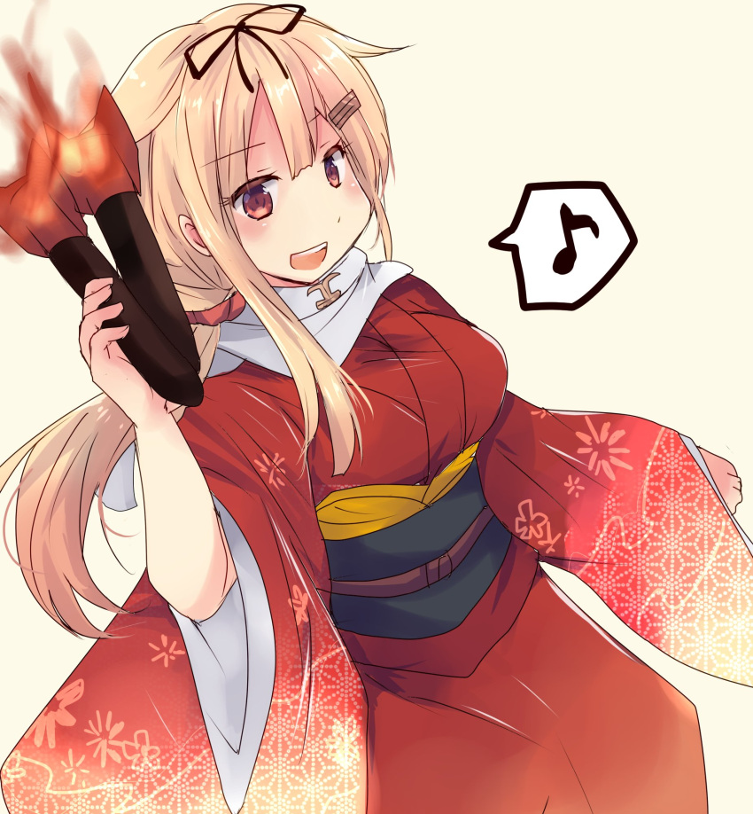 1girl bangs blonde_hair breasts commentary_request eighth_note eyebrows_visible_through_hair floral_print hair_between_eyes hair_flaps hair_ornament hair_ribbon hairclip highres hirune_(konekonelkk) holding holding_torpedo japanese_clothes kantai_collection kimono long_hair long_sleeves looking_at_viewer medium_breasts musical_note obi open_mouth red_eyes red_kimono remodel_(kantai_collection) ribbon sash scarf sidelocks simple_background solo spoken_musical_note torpedo white_background white_scarf wide_sleeves yuudachi_(kantai_collection)