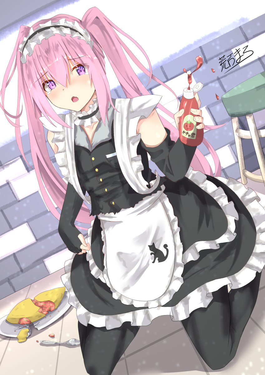 1girl :o absurdres animal_print apron armr_95 black_gloves black_legwear blush broken cat_print crying dutch_angle fingerless_gloves food frills gloves hair_between_eyes highres indoors ketchup ketchup_bottle long_hair maid maid_apron omurice original pantyhose pink_hair solo spoon squirting stool tile_floor tiles twintails very_long_hair violet_eyes