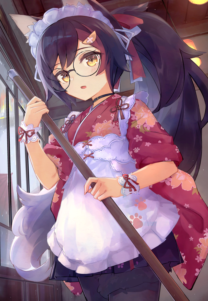 1girl :o absurdres alternate_costume animal_ears black-framed_eyewear black_hair blush glasses highres holding hololive indoors long_hair long_ponytail maid_headdress ookami_mio round_eyewear t6_ti virtual_youtuber wolf_ears wolf_girl yellow_eyes