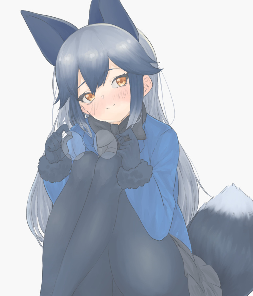 1girl absurdres animal_ears black_fur black_gloves black_hair black_neckwear blue_jacket blush bow bowtie extra_ears eyewear_removed fox_ears fox_girl fox_tail fur_trim gloves grey_hair grey_skirt hair_between_eyes head_tilt highres holding holding_eyewear jacket kemono_friends kona_ming long_hair long_sleeves looking_at_viewer multicolored_hair navy_blue_legwear orange_eyes pantyhose pleated_skirt sidelocks silver_fox_(kemono_friends) silver_hair sitting skirt smile solo tail