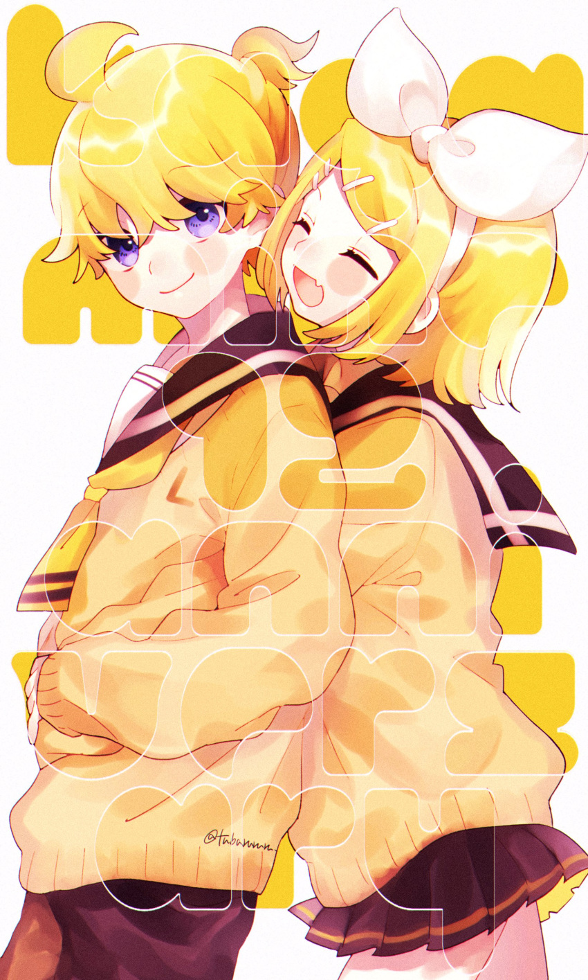 1boy 1girl absurdres anniversary bangs black_collar black_pants black_skirt blonde_hair blush bow brother_and_sister character_name closed_eyes collar commentary cowboy_shot english_text fang from_side hair_bow hair_ornament hairclip highres holding_arm hug kagamine_len kagamine_rin looking_at_viewer matching_outfit miniskirt necktie open_mouth pants pleated_skirt sailor_collar school_uniform short_hair short_ponytail siblings skin_fang skirt smile spiky_hair standing sweater swept_bangs tsubaki_tsubaru twins violet_eyes vocaloid white_bow yellow_neckwear yellow_sweater
